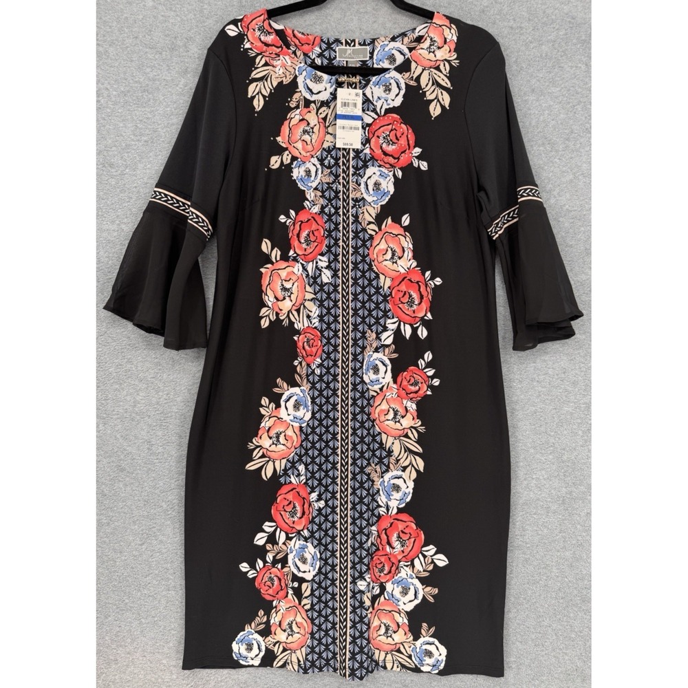 NWT‎ Petite XL Black Floral Shift Dress Bell Sleeves Clean Lines Print